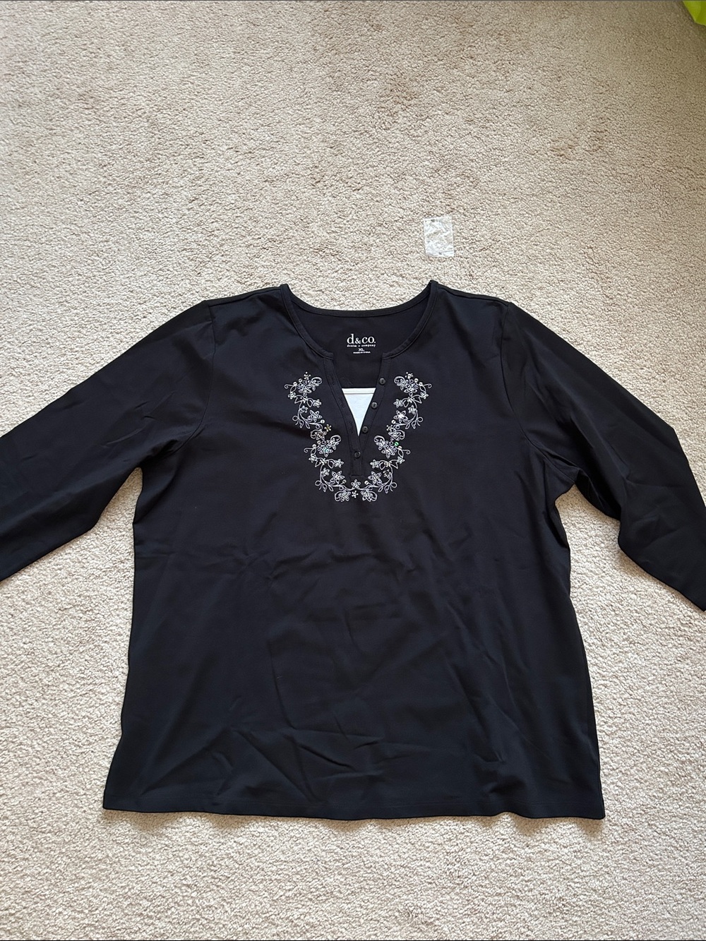 Black Embroidered V-Neck Women's Top